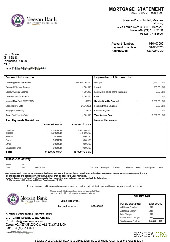 Relevé hypothécaire du Pakistan Meezan aux formats Word et PDF